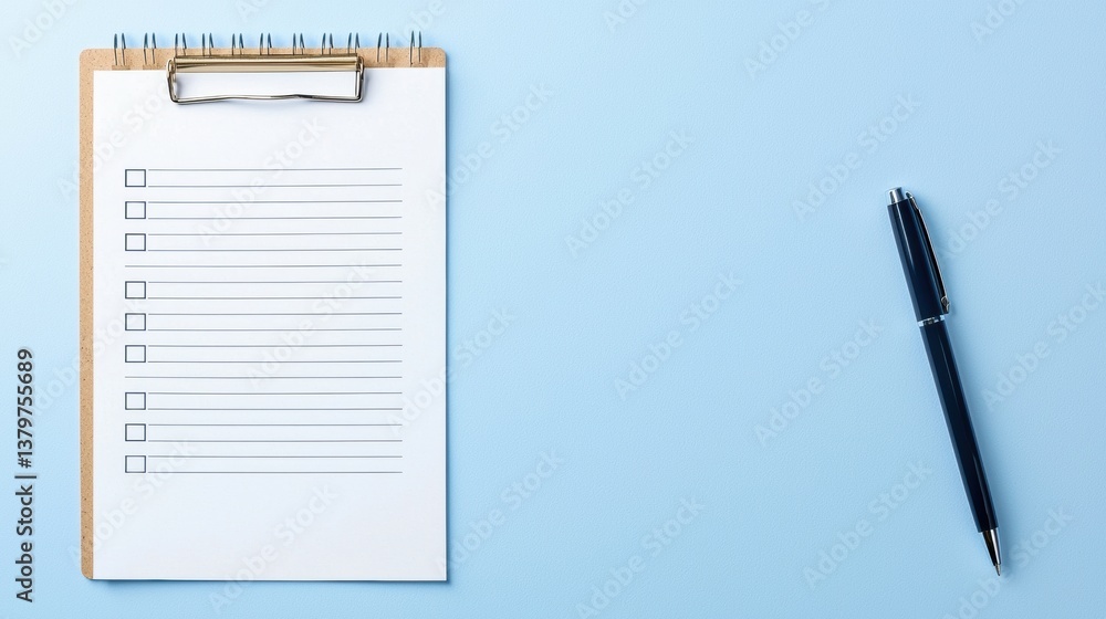 Poster clipboard with checklist and pen on a textured surface.