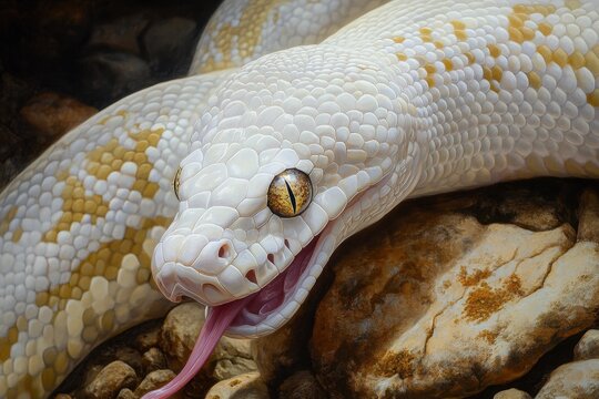 Albino python head gracefully moving over textured surface in natural habitat, Close up of albino python head slowly moving over rocks with the tongue coming out