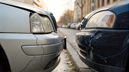 Close-up of two car bumpers touching with cracked paint, minor collision damage on vehicles in urban traffic, concept of road accidents and auto insurance claims.