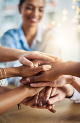 Business people, hands together and goal for agreement, partnership and solidarity or office...