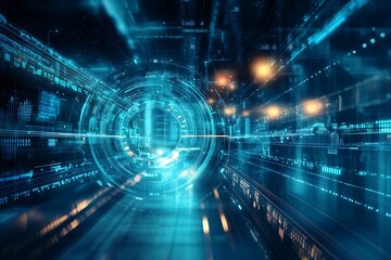 Journey into the digital core, a mesmerizing swirl of vibrant blue data streams and glowing circular pathways in a futuristic digital landscape.