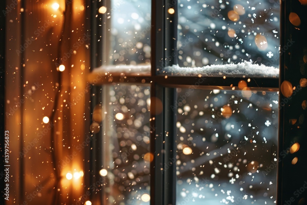 Poster a window pane covered in a light dusting of snow with falling snowflakes and string lights creating 