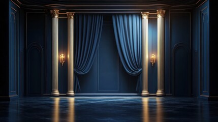 Elegant Dark Blue Interior with Golden Columns and Velvet Curtains