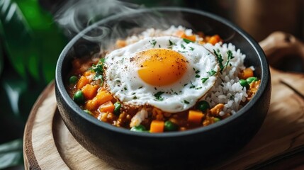 A gourmet version of Japanese curry with a poached egg resting gently on top of the steaming rice