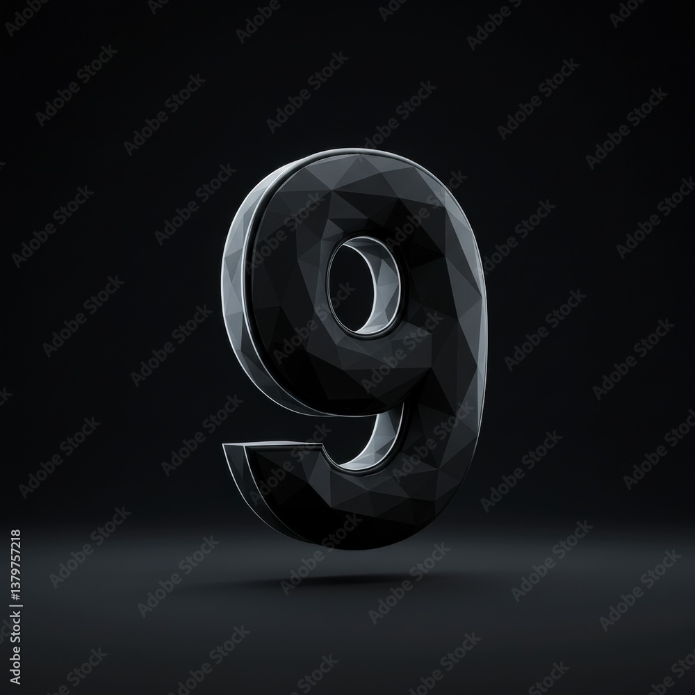 Poster abstract black number nine with faceted surface floating on dark background