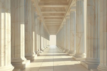 Fototapeta premium A long corridor lined with white marble columns creates a symmetrical and balanced architectural space, Explore the concept of symmetry and balance in Greek architecture through digital art