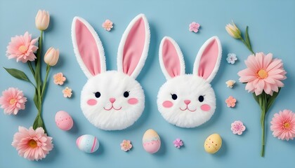 Overhead shot of Easter-themed decorations arranged on a light blue background