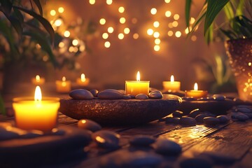 Serene evening ambiance with flickering candlelight illuminating smooth stones and warm earthy tones creating a peaceful and calming atmosphere.
