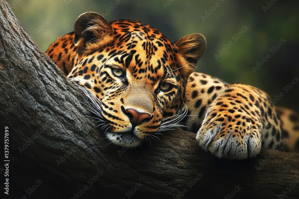 Poster leopard relaxing on a branch in a serene forest setting during daylight hours, a leopard rests in a 