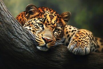 Obraz premium Leopard relaxing on a branch in a serene forest setting during daylight hours, A leopard rests in a tree