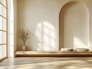 A serene minimalist interior features a wooden bench with cushions near an arched alcove and large window letting in natural sunlight illuminating the peaceful space.