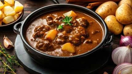 A homestyle Japanese curry served in a vintage bowl, surrounded by traditional ingredients like curry roux, onions, and potatoes