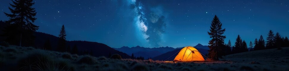 A personless campsite under a starry night sky, camp, earthy, sky