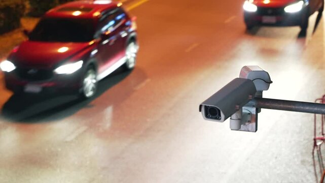 Close up of a surveillance enforcement camera monitor city traffic and speed control above the asphalt road at night. Defocused cars driving in the background. Road traffic safety copy space scene