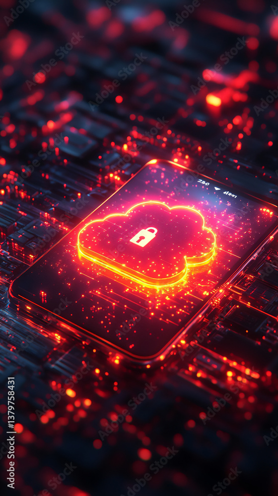 Poster secure cloud storage access: a vertical shot of a smartphone screen with a lock icon and a cloud ico