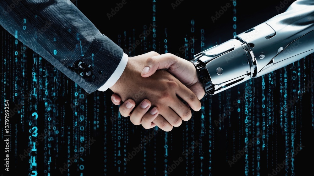 Poster humanity & technology: an enigmatic handshake between a human and a robotic entity, symbolizing a co