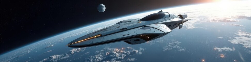 Futuristic spacecraft with sleek lines in orbit around a white planet,  galaxy ,  futuristic