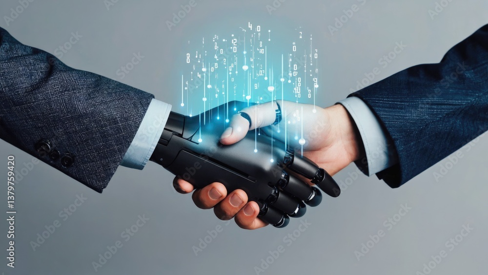 Poster handshake of the future: a close-up view of a human hand shaking hands with a robotic hand, symboliz