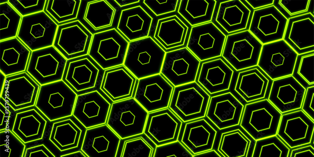 Poster green geometric laser hexagons abstract futuristic neon background. vector technology design