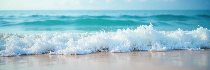 Gentle ocean waves on a serene beach with blurred blue waters and gradient hues, soft focus, textured background, subtle tone