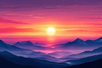 Obraz premium A colorful sunset view over layered mountain ranges with stars