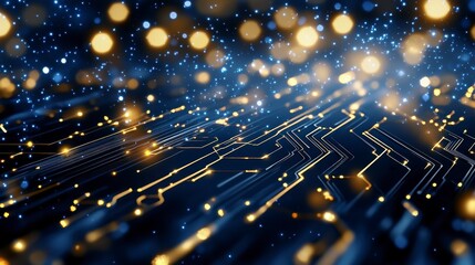 Abstract Digital Background with Glowing Circuits and Glittering Lights in Blue and Gold