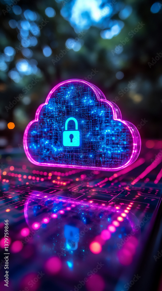 Poster secure cloud storage access: a vertical shot of a smartphone screen with a lock icon and a cloud ico