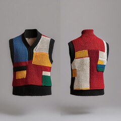 Colorful geometric patchwork knit vest on neutral background - front and back views