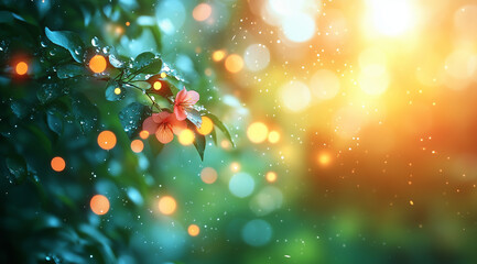 Dew drops on twigs and flowers Macro photography of Nature Spring blooming close-up Beautiful floral image Banner with a place for text