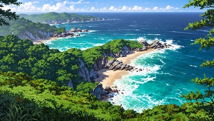 Scenic coastline with lush greenery and rocky cliffs on a sunny day