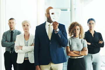 Business people, man or portrait with mask in office for scam, corruption or white collar fraud. Identity theft, diversity group or employees with arms crossed for crime, secret or corporate criminal
