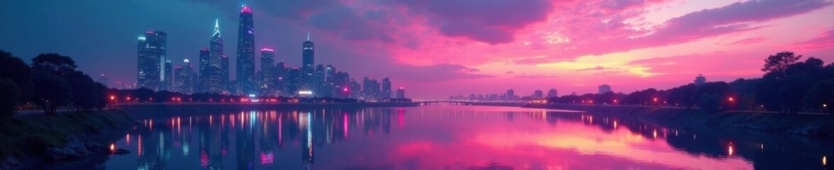 Fototapeta premium Futuristic cityscape at dusk with sleek skyscrapers and neon lights reflected in a serene lake, lake, cityscape, skyscrapers