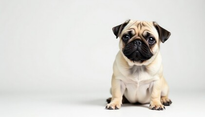Obraz premium A single, endearing pug poses on a clean white background, isolated, isolated dog, small dog