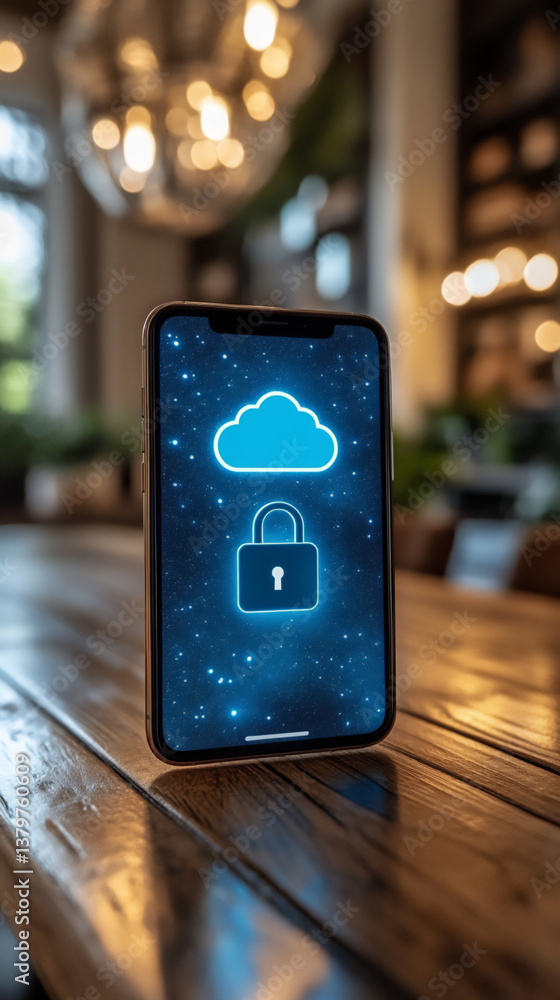 Poster secure cloud storage access: a vertical shot of a smartphone screen with a lock icon and a cloud ico