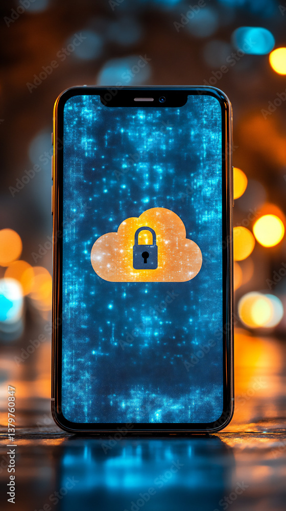 Poster secure cloud storage access: a vertical shot of a smartphone screen with a lock icon and a cloud ico