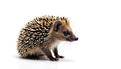 Obraz premium A single hedgehog, facing right, against a seamless white backdrop, fur, looking, cute