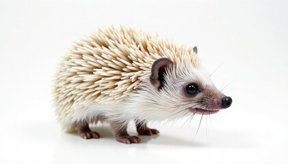 Obraz premium A single hedgehog, facing right, against a bright white backdrop, prickles, fauna, photography