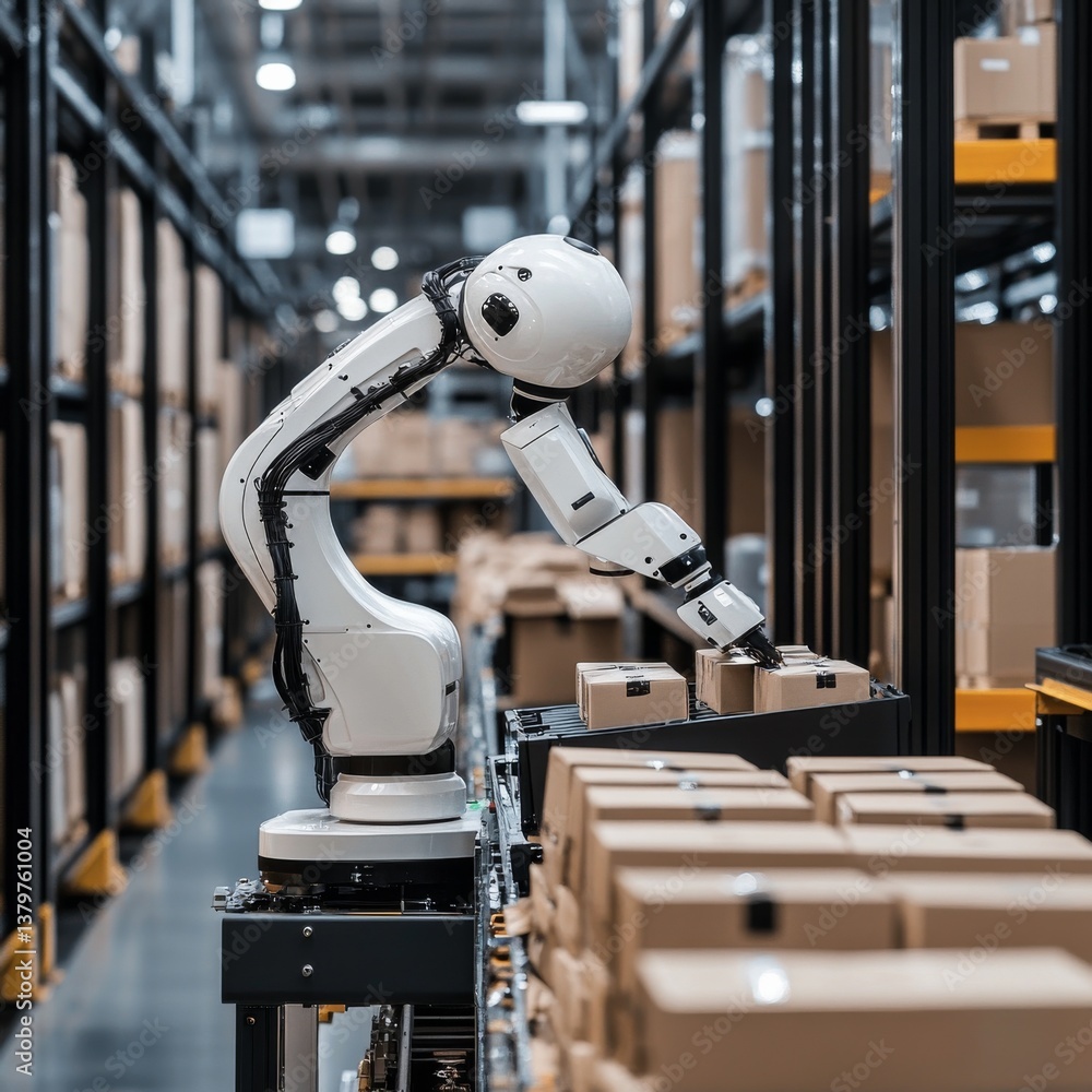 Poster automated warehouse: robotic arm sorting packages efficiently in a modern distribution center enviro