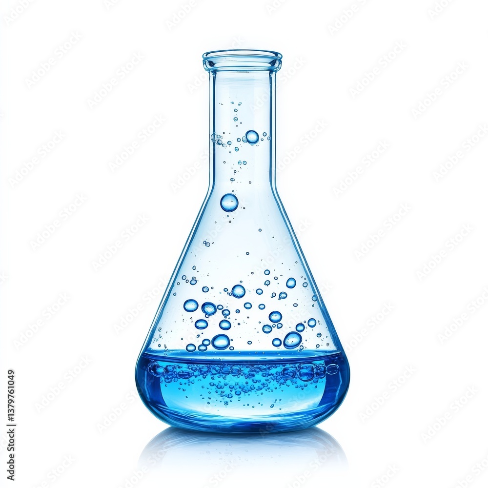 Poster blue liquid with bubbles in flask: chemistry experiment in erlenmeyer glassware for science and rese