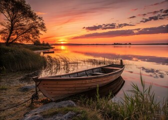 Obraz premium Peaceful shore bathed in golden sunset light; a long-exposure captures a tranquil sea and solitary boat.