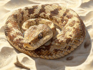 Detailed Snake Coiled on Sand Illustration for Reptile Themed Designs