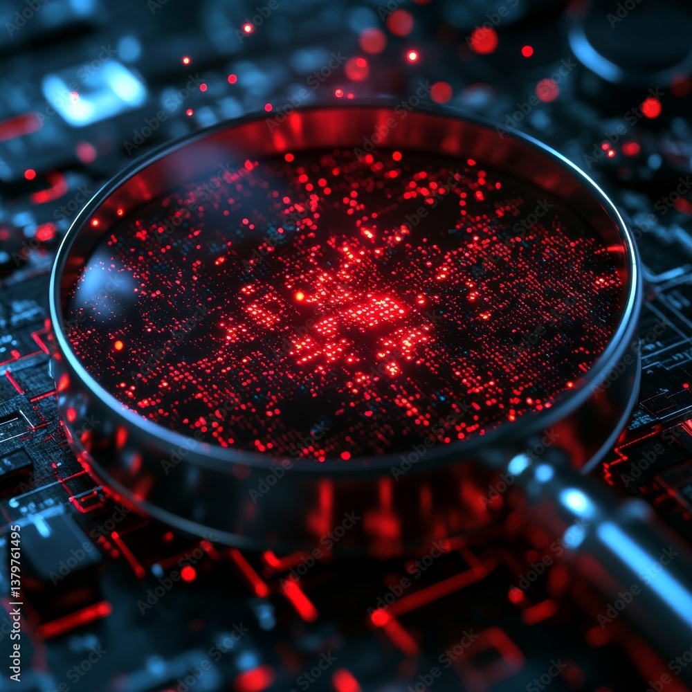 Poster cybersecurity inspection: a magnifying glass scrutinizing a glowing red circuit board for threats an