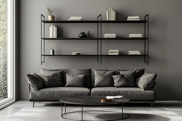 Serene minimalist living room featuring a plush grey sofa and sleek black shelving, perfectly styled with books and subtle décor, bathed in soft, natural light.
