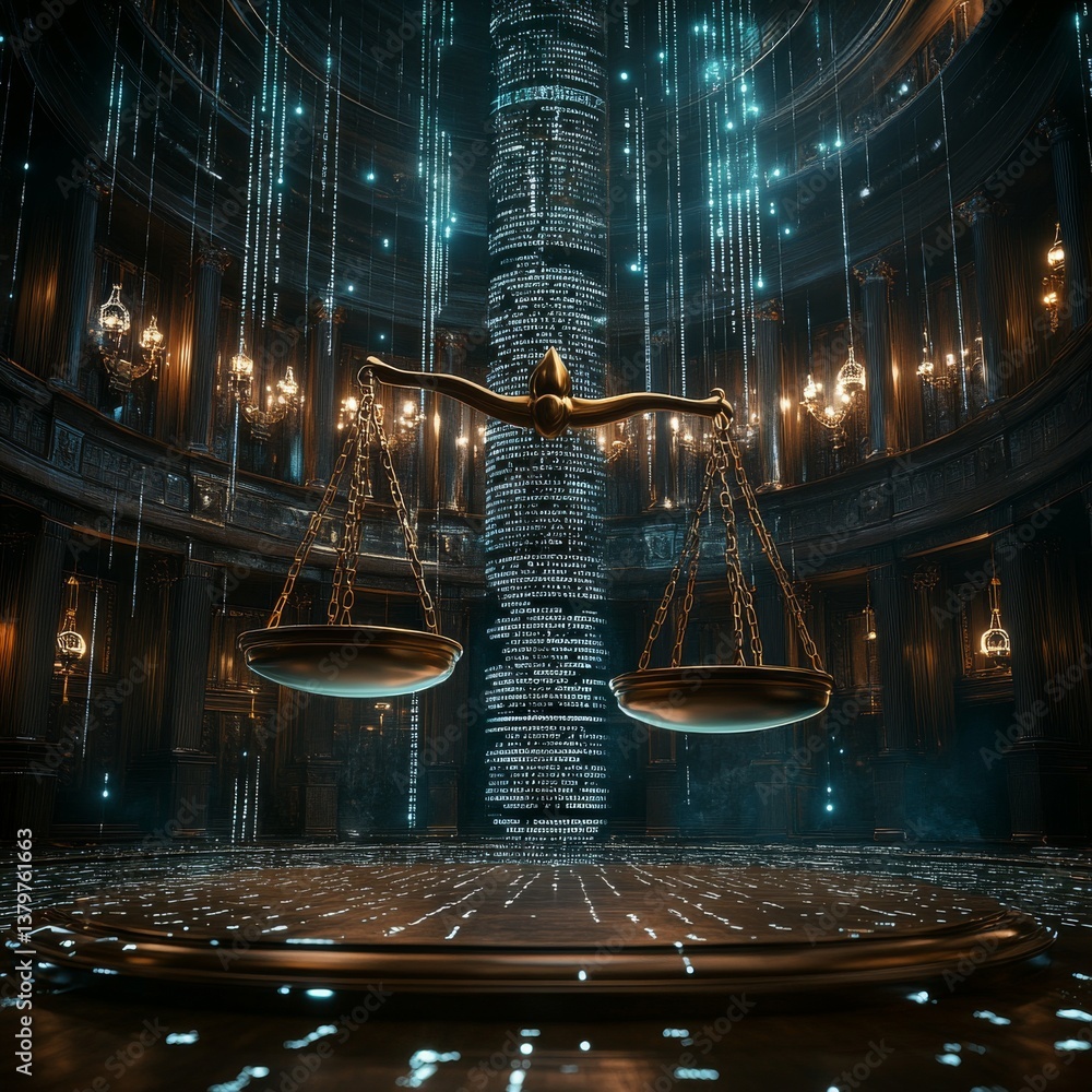 Fototapete Digital Justice: Scales of Law in a Cyberpunk Courthouse with Binary Code and Ornate Details
