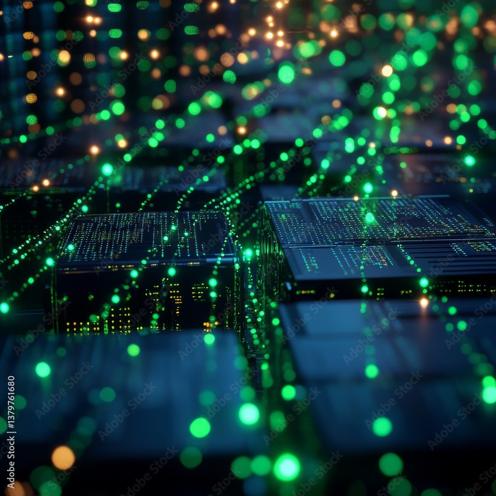 Leinwandbilder digital realm: green lights flowing across interconnected circuitry and futuristic data networks