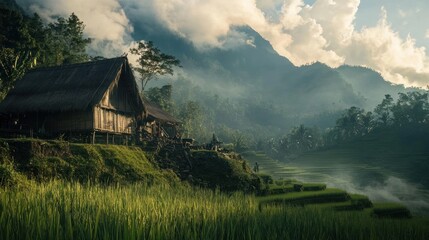 Obraz premium Tranquil mountain village nestled in lush rice paddies