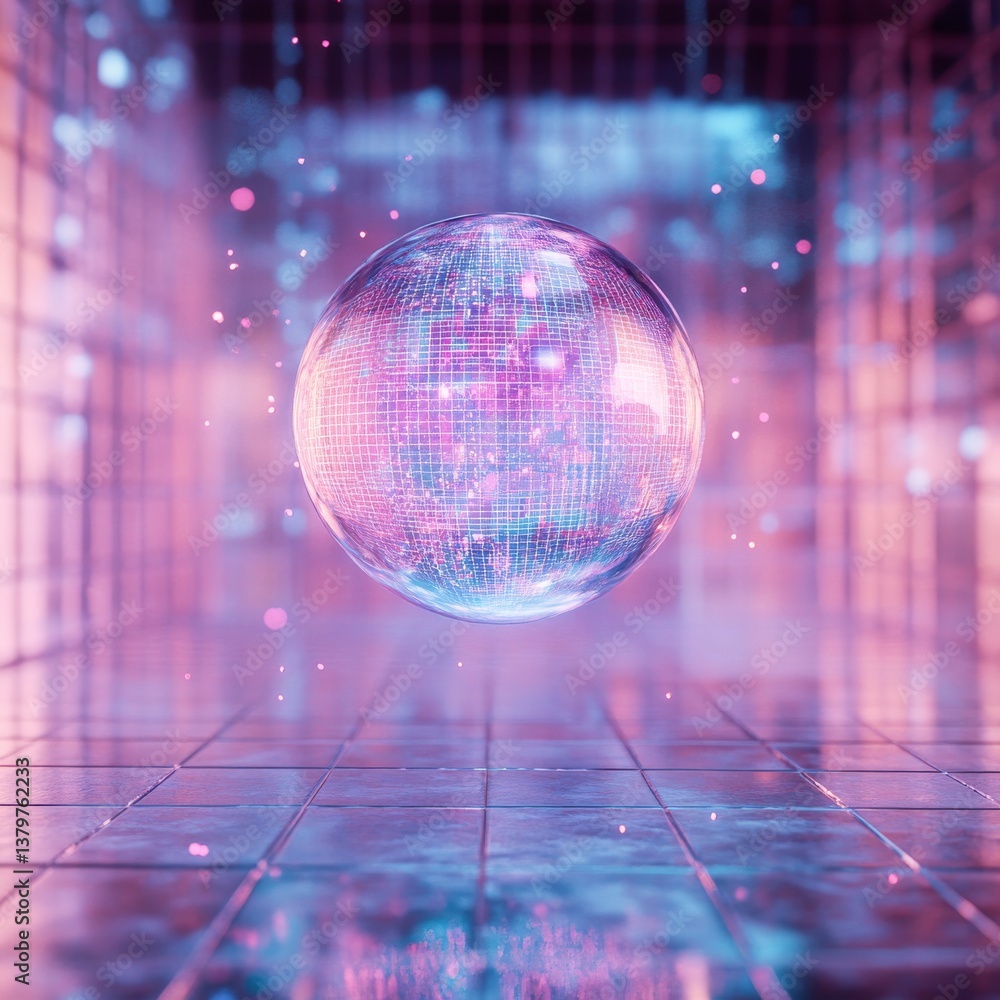 Poster ethereal orb: a glowing sphere suspended in a room bathed in futuristic neon light and mystical part