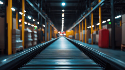 Fototapeta premium conveyor belt stretches through warehouse, illuminated by bright overhead lights, creating sense of depth and perspective in industrial space