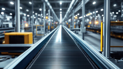 conveyor belt in modern factory setting, showcasing long, empty pathway that emphasizes industrial environment and advanced technology. atmosphere is efficient and organized