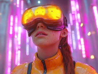 Woman with luminous glasses, immersed in a vibrant, futuristic setting